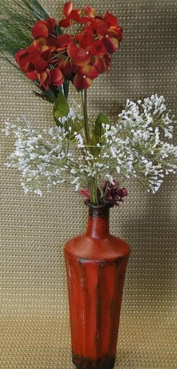 Decorative Metal Red Vase W/Faux Flowers