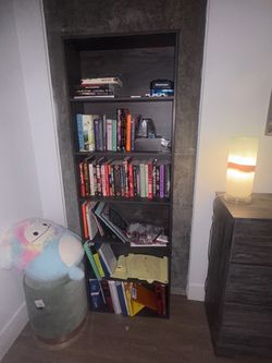 Large gray bookshelf