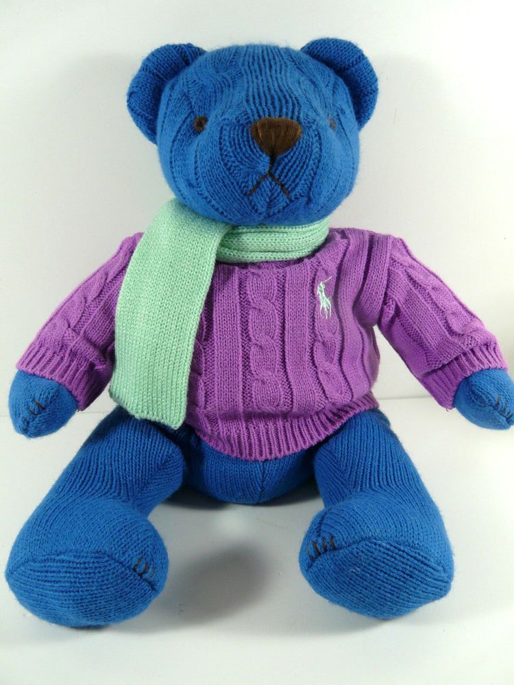 Ralph Lauren Stuffed Teddy Bear 2004 Blue Knit Body Polo Logo Sweater Scarf
