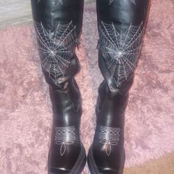 Embroidered Spider Web Knee High Boots