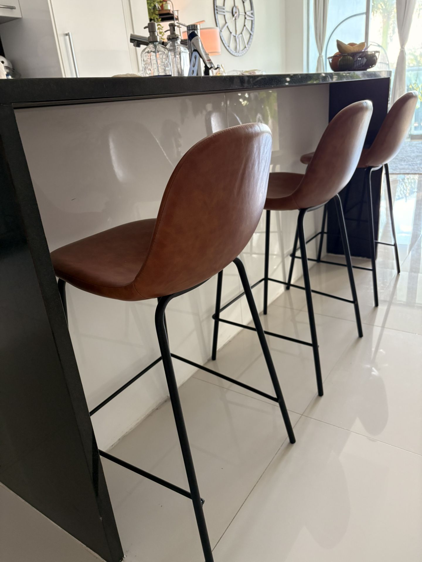 Caramel Colored Faux Leather Bar Stools (x3)