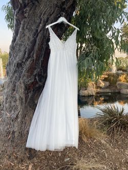 White Wedding/ Rehearsal Dinner Dress, Worn Once And Dry Cleaned Ready For A New Bride To Be. Custom Hanger And Garment Bag Included.