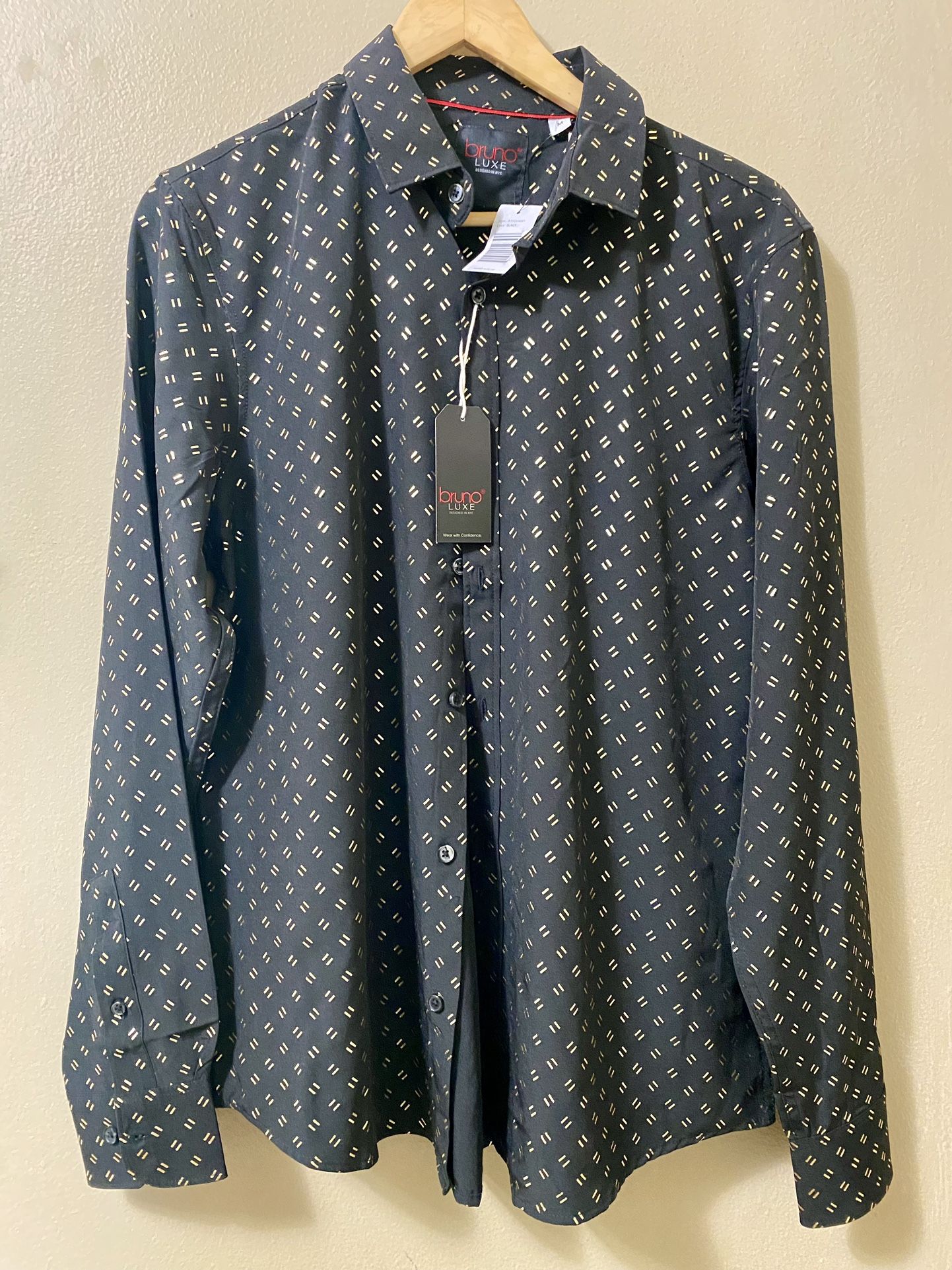NWT Bruno Milano Luxe Black Gold Check Men’s Button Up Dress Shirt Size M