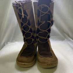 UGG Sheepskin Lace-Up Boots Size 3 | Brown Suede Fur Lined Winter Snow Boots