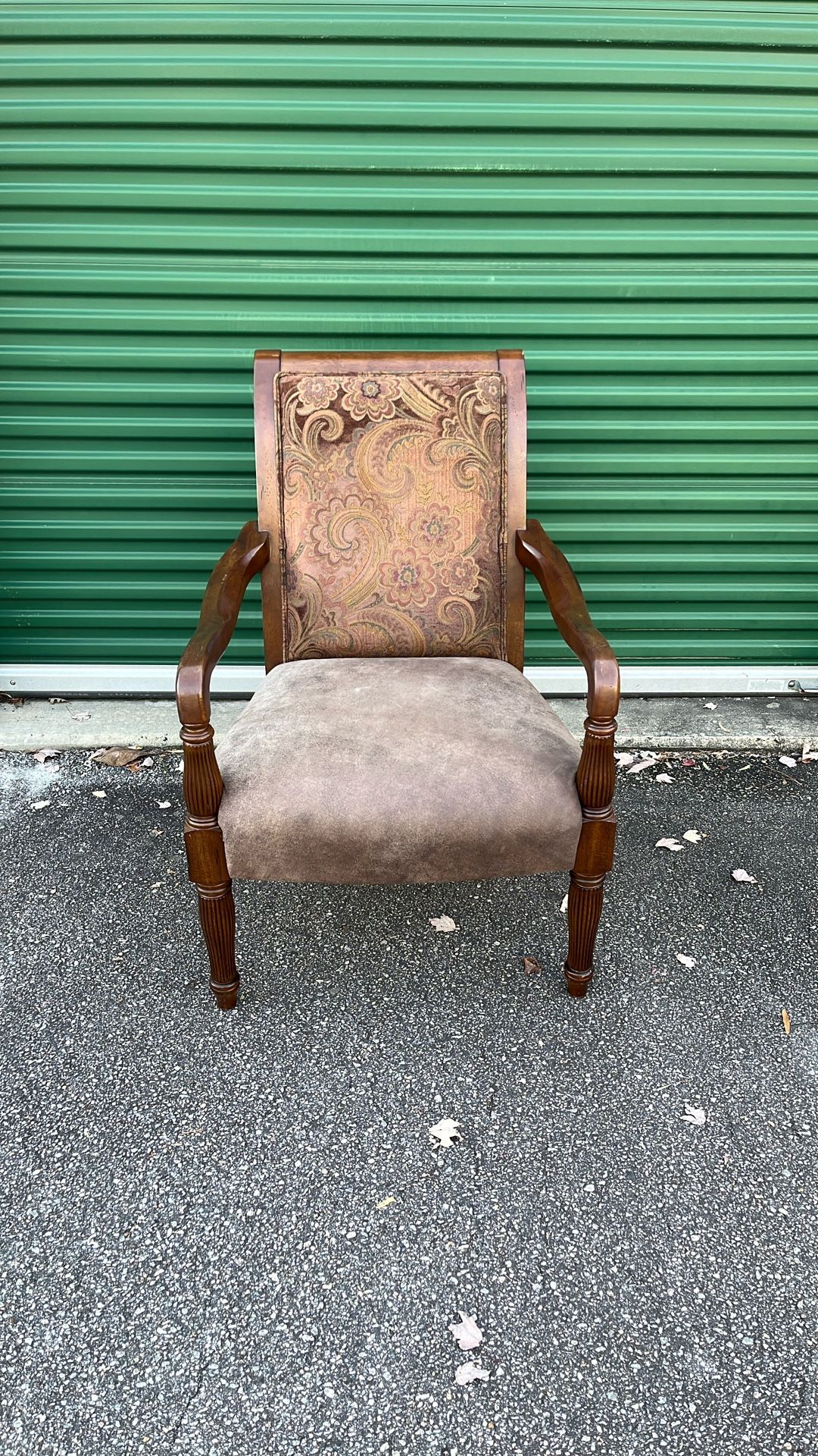 Great Large Wood Chair With Decorative Cloth Back And Suede Seat
