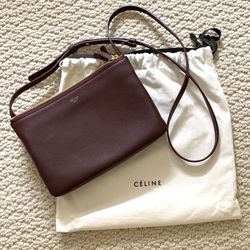 Authentic CELINE Smooth Lambskin Small Trio Crossbody Bag Burgundy