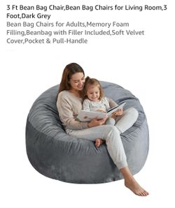 3 Ft Bean Bag Chair,Bean Bag Chairs for Living Room,3 Foot,Dark Grey Bean Bag Chairs for Adults,Memory Foam Filling,Beanbag with Filler Included,Soft 