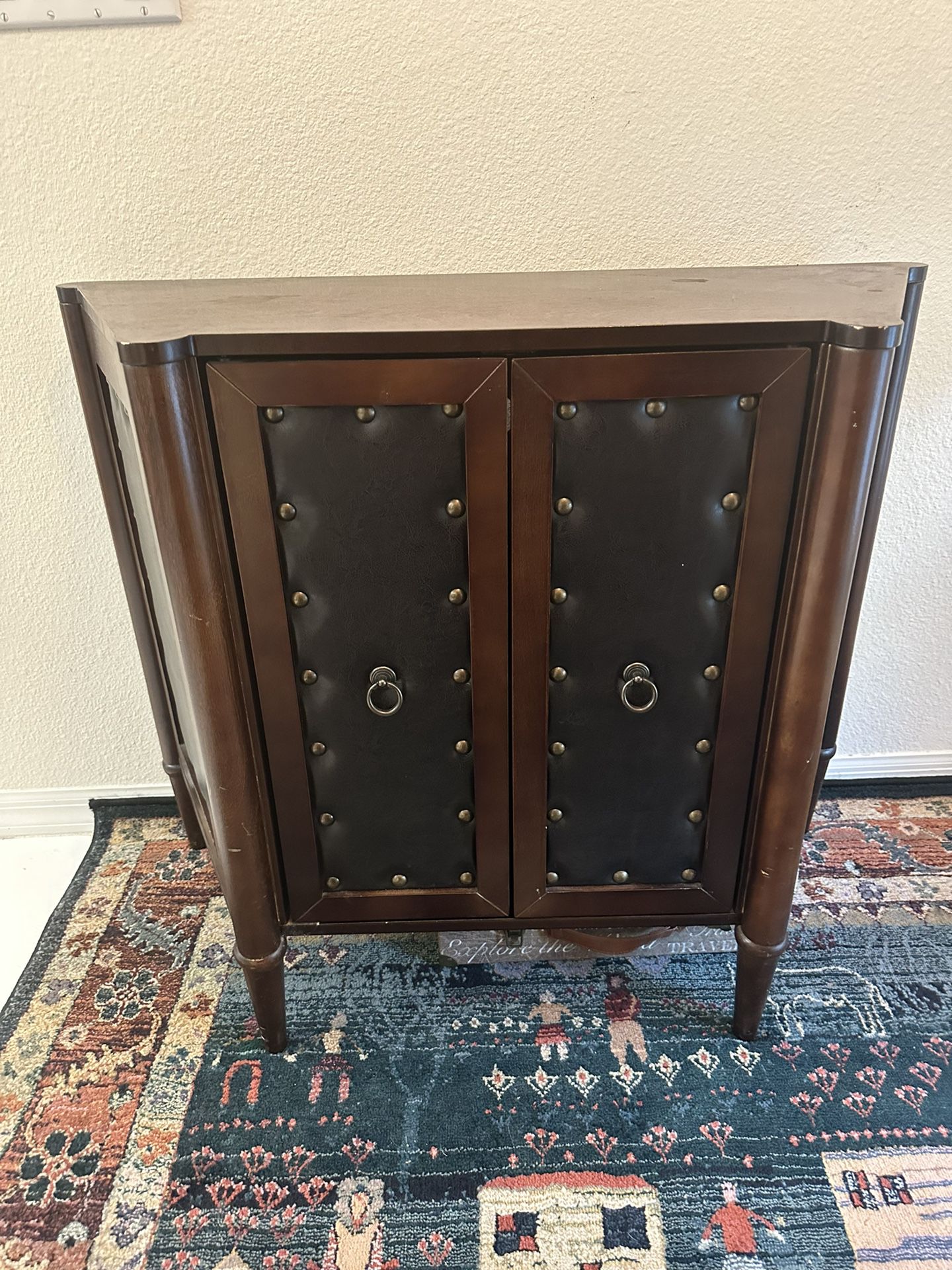 Storage/console Cabinet,black Leather And Brown Wood, Nailed Trim, Excellent Condition $100