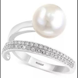 New 14k White Gold Diamond Pearl Ring, Size 7