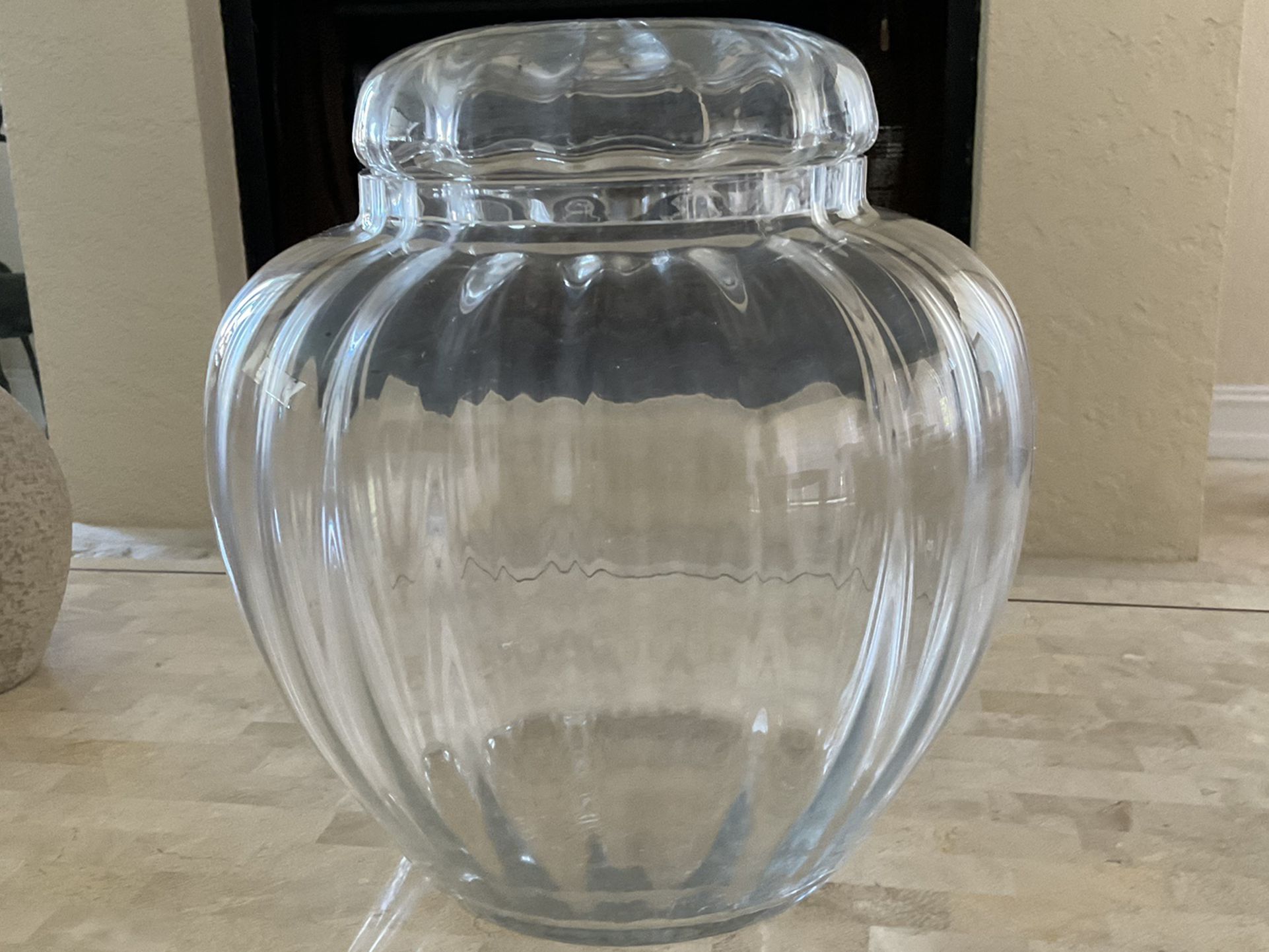 LARGE GLASS APOTHECARY JAR WITH COVER (12” DIAMETER X 13” HIGH) $25