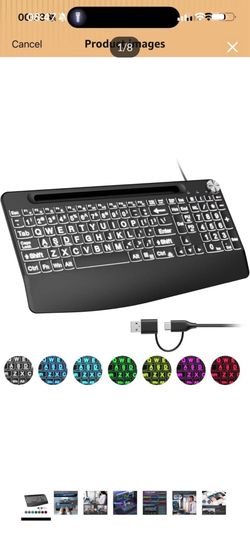 Brand new in box USB C(Type C)/USB A Wired Large Print Keyboard with Quiet Scissor Keys，7 Colored Backlits ，Phone Holder &Volume Knob and Wrist Rest, 