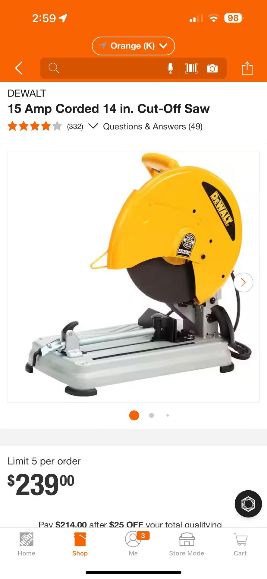DEWALT 15 Amp Corded 14 in. Cut-Off Saw  Brand New $180