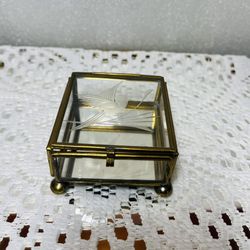 Vintage Footed Brass Metal Glass Etched