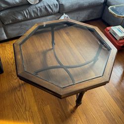 Set/ Pair Of Solid Woods And Glass Octagon / Circular Coffee Table And Matching Side End Table