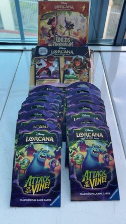 Disney Lorcana Wilds Unknown Trove, 2 Player Starter Decks & 12 Sleeves Of Attack Of The Vines