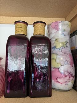 Purple Glass Decorative Bottles with Rope Necks – Set of 2