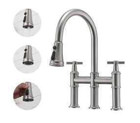 Mondawe Bridge Kitchen Faucet with 3 Way Spray Function, 3 Hole Brushed Nickel, High Arc Faucet with Pull Down Sprayer and 2 Handles