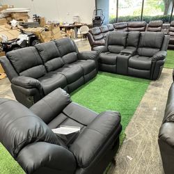 Black Recliner Couch, Loveseat and Chair 3Pcs Set / Juego de sofá reclinable negro, Loveseat y silla de 3 piezas