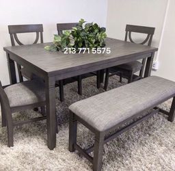 6-pc Dining table set with bench grey