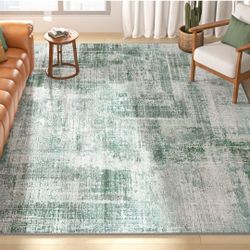 New Modern Abstract 10x14 Area Rug, Non-Slip Stain Resistant Washable Rug, Green & Ivory  Large Rug for Living Room, Abstract Vintage Carpet