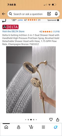 Delta 6-Setting Inition 2-in-1 Dual Shower Head with Handheld High Pressure ProClean Spray, Brushed Gold