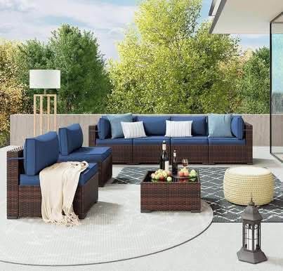 DELIVER W/FEE Assembled Patio Furniture Set 7 Pieces Patio Conversation Set Sectional Wicker Rattan