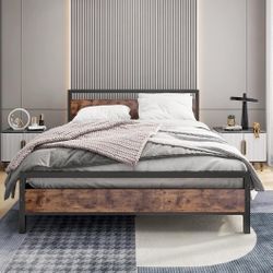 Black Full Size Bed Frame with Wood Headboard