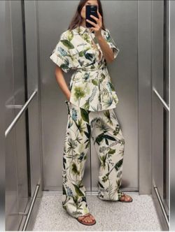 ZARA Tropical Print Straight Leg Summer Pants - Green White