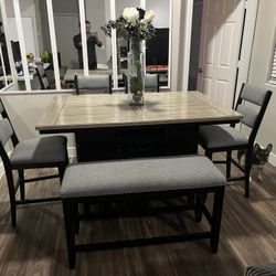 Wenny 60" Black + Grey Two Tone Counter With Bench + Stool Set For 6