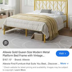Allewie Gold Queen Size Bed Frame Modern Platform Vintage