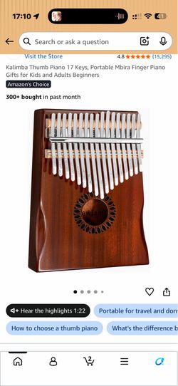 Kalimba Thumb Piano 17 Keys, Portable Mbira Finger Piano Gifts for Kids and Adults Beginners