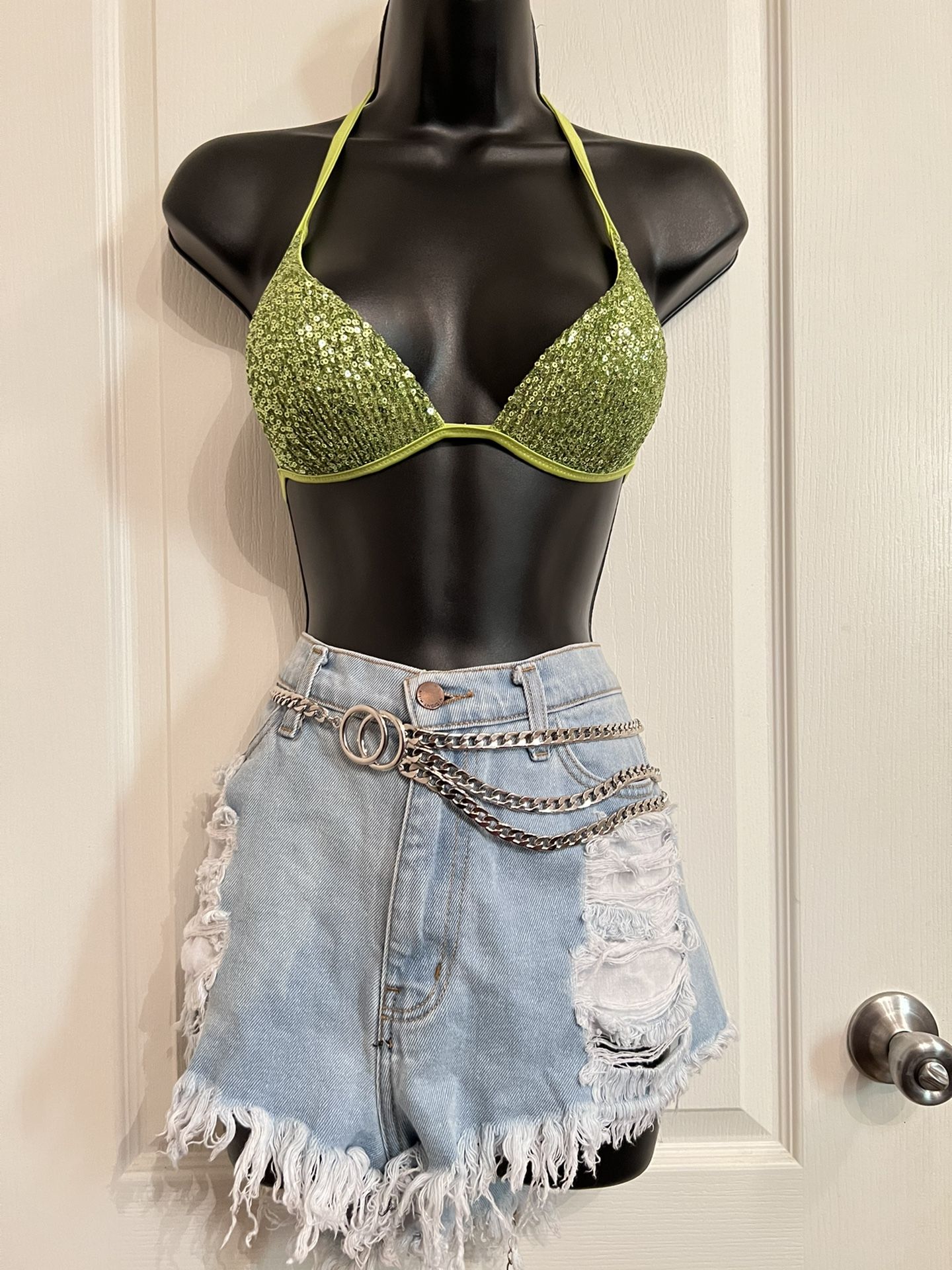 Calzedonia Cobey swimwear Brand - Lime Green Glitter Swimwear Top (swimwear Top/ Rave Wear/ Festival/ Costume Idea) โจ๐
