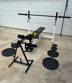 Olympic Weights, 7-ft Olympic Bar, Bench, Weight Holder Tree Rack