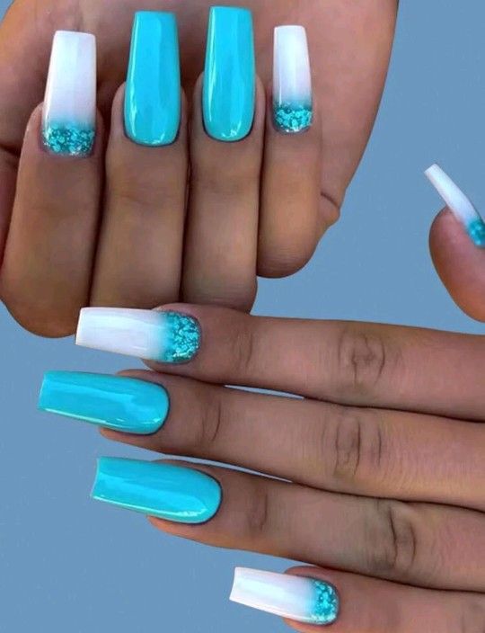 B2G1F 24-pcs. Turquoise & White Long Press On Nails