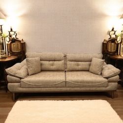 Timber Luxe Three-Seater Beige Sofa for Living Room, Suede Durable and Strong Fabric
