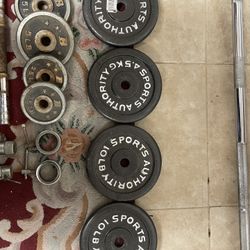 *NEW/Unused* Sports Authority 1” Barbell Weight Plates (4x 10lb)—PLUS BONUS Dumbbell Bar+ Plates****