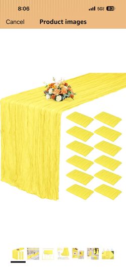 12 Pack 35x70 Inch Cheese Cloth Table Runners Yellow Boho Rustic Wrinkled Gauze Fabric Table Runners Semi-Sheer Runners for Wedding Decor Bridal Showe
