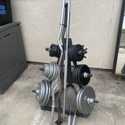 Set Of Olympic & 1” Weights With Storage Rack 