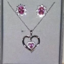 Sterling Silver Necklace And Earring Set W/pink Stones And Real Diamonds