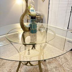 Round Glass Dining Table with Gold Crescent Metal Frame