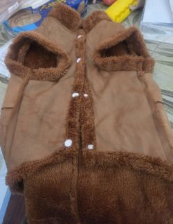 This item is a warm, fleece-lined brown pet vest designed for small to medium dog breeds, featuring button closures and fluffy trim.