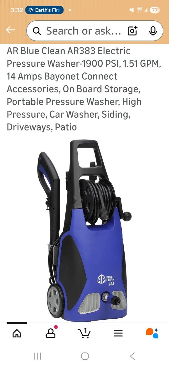 1900 PSU pressure washer, AR bluethree 383 new price on Amazon is 262 selling for 120 or best offer.
