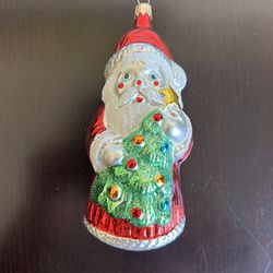 Hand Blown Colombia Glass  Santa w/Christmas Tree Ornament