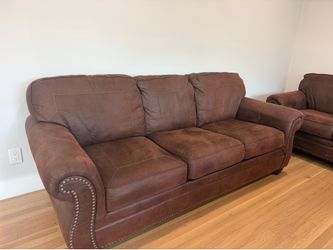 Brown Microfiber Sofa & Loveseat Set—Rolled Arms & Nailhead Trim