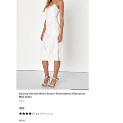 Brand New  Lulus Alluring Interest White Sequin Embroidered Sleeveless Midi Dress