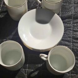 Vintage White Porcelain Demitasse Espresso Set with Gold Trim - 4 Cups & 4 Saucers