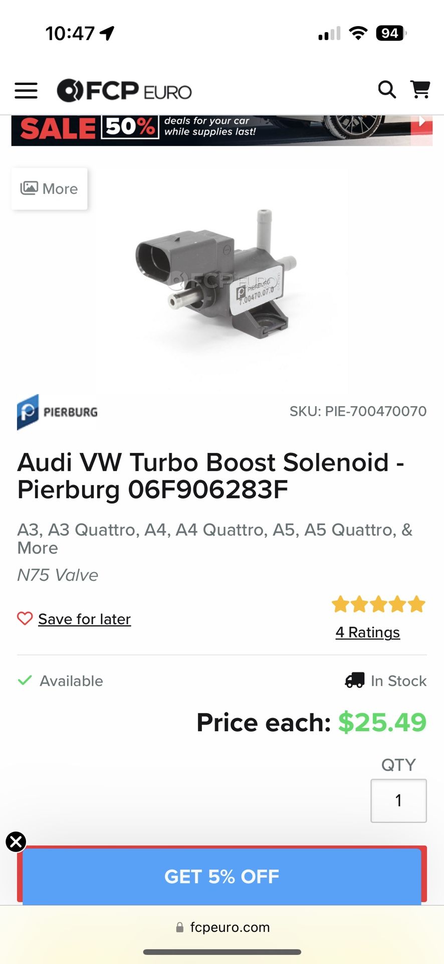 Audi VW Turbo Boost Solenoid - Pierburg 06F906283F