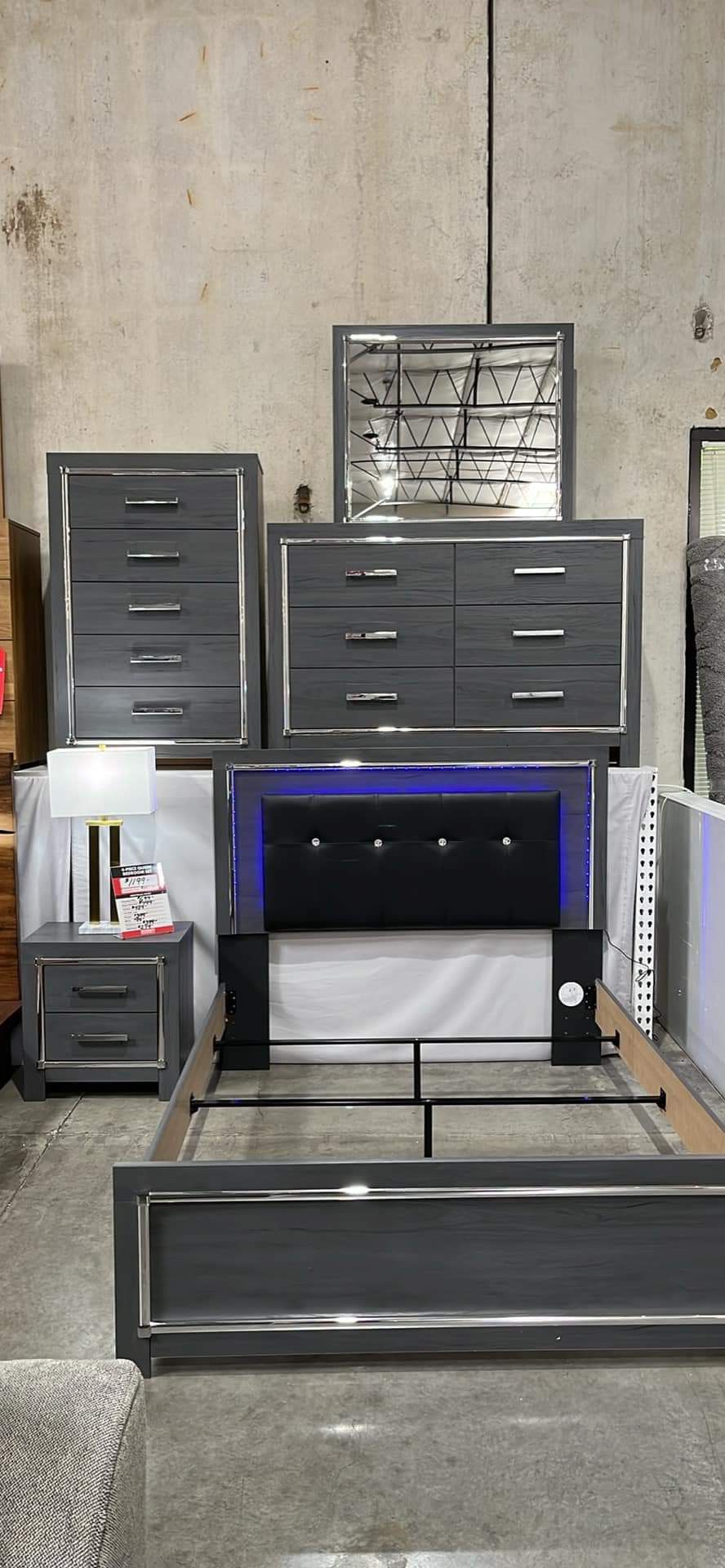 Lodonna Gray Led Panel Bedroom Set Queen Or King Set Bed, Dresser, Mirror, Nightstand, Chest