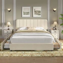 Upholstered Beige Metal Frame Queen Size Platform Bed Frame with 4 Storage Drawers and Headboard Wooden Slats Support