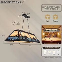 Tiffany Pool Table Light 59 inch, 5 Lights Rustic Beer Chandelier for Kitchen Island, Cabin, Billiards Table Lamp, Farmhouse Chandelier for Country, W